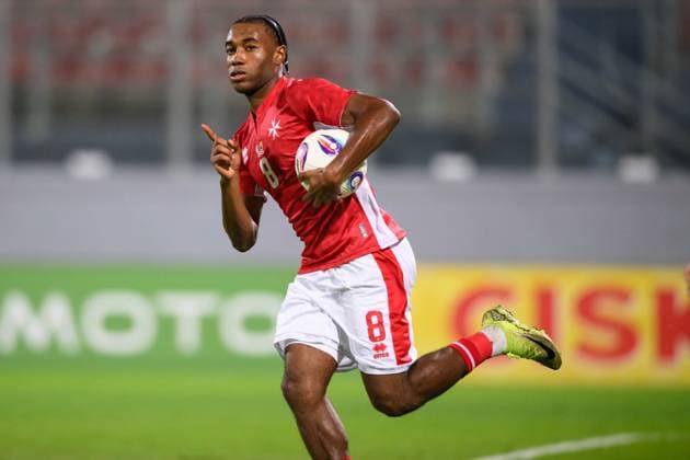 Paul Mbong seen celebrating after scoring goal during International Friendly, Länderspiel, Nationalmannschaft game between national teams of Malta and Bosnia and Herzegovina (Beppe Camilleri Ball Raw Images) Attard Ta Qali National Stadium Malta Copyright: xBeppexCamillerix beppecamirelli_maltabosnia25_26-24