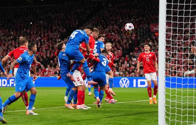 October 12 2025: Joachim Andersen of Denmark scores and celebrates his teams second goal during a World Cup Qualification game, Denmark v Greece, at Parken, Copenhagen, Denmark. Kim Price CSM Copenhagen Denmark - ZUMAc04_ 20251012_zma_c04_055 Copyright: xUlrikxPedersenx