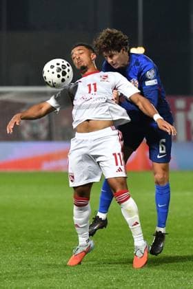 Croatia v Gibraltar - FIFA World Cup, WM, Weltmeisterschaft, Fussball 2026 Qualifier VARAZDIN, CROATIA - OCTOBER 12: Carlos Richards of Gibraltar battles for the ball with Domagoj Bradaric of Croatia during the FIFA World Cup 2026 qualifier match between Croatia and Gibraltar at Football Stadium Varteks on October 12, 2025 in Varazdin, Croatia.  VjeranxZganecxRogulja PIXSELL