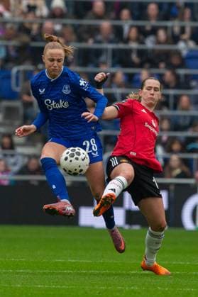 Hill Dickinson Stadium, Liverpool, England, Sunday 12th October 2025 Karen Holmgaard (28 Everton) challenges with Elisabeth Terland (10 Manchester United, ManU . Everton v Manchester United, Womens Super League, Hill Dickinson Stadium, Liverpool, England, 12th October 2025. (Sean Walsh SPP) Copyright: xSeanxWalshx xSPPx Sportspressphoto_SPR41878
