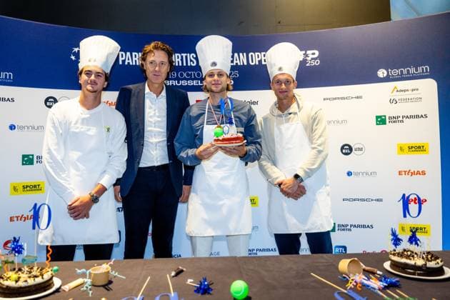 Brazilian Joao Fonseca, European Open tournament director Dick Norman, Belgian Zizou Bergs and Czech Jiri Lehecka poses for the photographer during the media day at the European Open ATP, Tennis Herren tennis tournament in Brussels, on Monday 13 October 2025. This year s edition of the tournament is taking place from 12 to 19 October 2025. DAVIDxPINTENS  x136667090x