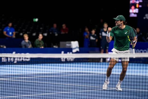 US Eliot Spizzirri pictured in action during the European Open ATP, Tennis Herren tennis tournament in Brussels, on Monday 13 October 2025. This year s edition of the tournament is taking place from 12 to 19 October 2025. JASPERxJACOBS  x136668801x