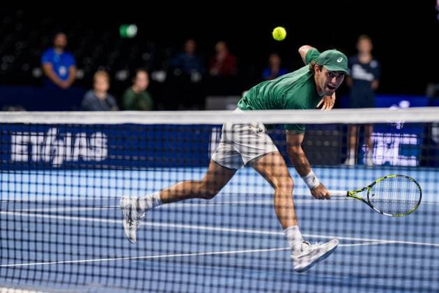 US Eliot Spizzirri pictured in action during the European Open ATP, Tennis Herren tennis tournament in Brussels, on Monday 13 October 2025. This year s edition of the tournament is taking place from 12 to 19 October 2025. JASPERxJACOBS  x136668817x