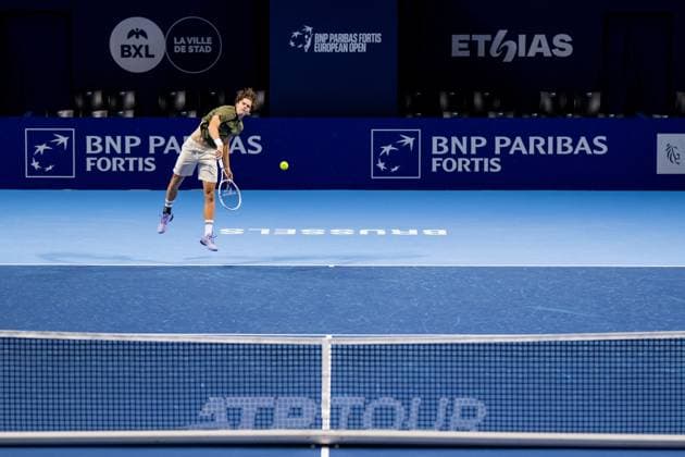 Belgian Alexander Blockx pictured in action during the European Open ATP, Tennis Herren tennis tournament in Brussels, on Monday 13 October 2025. This year s edition of the tournament is taking place from 12 to 19 October 2025. JASPERxJACOBS  x136668818x