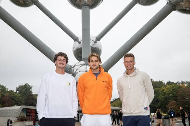 Brazilian Joao Fonseca, Belgian Zizou Bergs and Czech Jiri Lehecka pictured during media day in front of the Atomium during the European Open ATP, Tennis Herren tennis tournament in Brussels, on Monday 13 October 2025. This year s edition of the tournament is taking place from 12 to 19 October 2025. DAVIDxPINTENS  x136674152x
