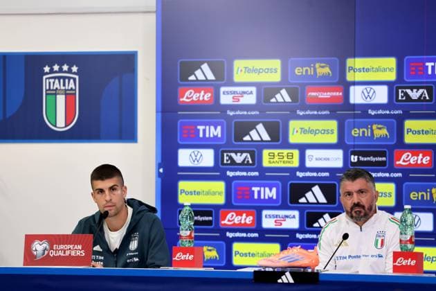 October 13, 2025, Udine: Head coach of Italy Gennaro Gattuso and Italian player Gianluca Mancini during the Italy press conference, PK, Pressekonferenz prior the 2026 FIFA World Cup, WM, Weltmeisterschaft, Fussball European Qualifiers soccer match between Italy and Israel at Bluenergy Stadium - Stadio Friuli in Udine, Italy, 13 October 2025. ANSA . Soccer: 2026 FIFA World Cup European Qualifiers Italy Vs Israel  - ZUMAa110 20251013_zaf_a110_004 Copyright: xGiannixStrizzolox