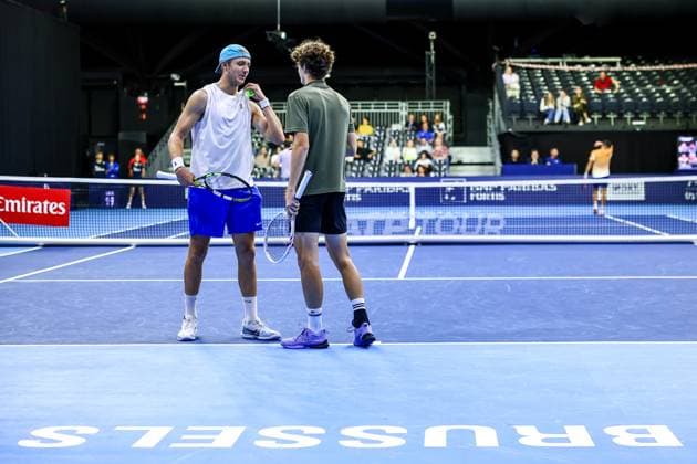 Belgian Alexander Blockx and Belgian Tibo Colson pictured during the European Open ATP, Tennis Herren tennis tournament in Brussels, on Monday 13 October 2025. This year s edition of the tournament is taking place from 12 to 19 October 2025. DAVIDxPINTENS  x136695585x
