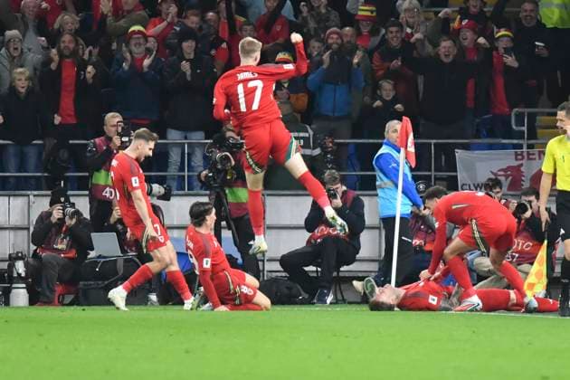 Football - 2026 FIFA World Cup, WM, Weltmeisterschaft, Fussball - European Qualifying - Group J - Matchday 8 12 - Wales vs Belgium - Cardiff City Stadium - Monday 13th October 2025 Joe Rodon WALES celebrates scoring his team s first goal COLORSPORT Winston Bynorth 