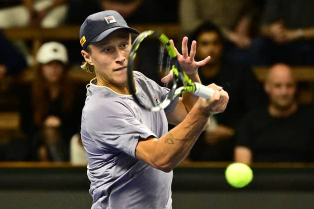STOCKHOLM, SWEDEN 20251013 Leo Borg, Sweden, in his match against Sebastian Ofner, Austria, during the BNP Paribas Nordic Open tennis tournament at the Royal Swedish Tennis Hall. STOCKHOLM SWEDEN x10030x