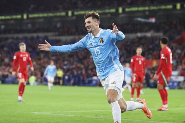 Wales v Belgium 13 October 2025, Cardiff - International Football - 2026 World Cup Qualifiers, Group J - Wales v Belgium - Thomas Meunier of Belgium celebrates after scoring their 2nd goal - Photo: Charlotte Wilson Offside. Cardiff UK Copyright: xCharlottexWilsonx xOffsidexOffside