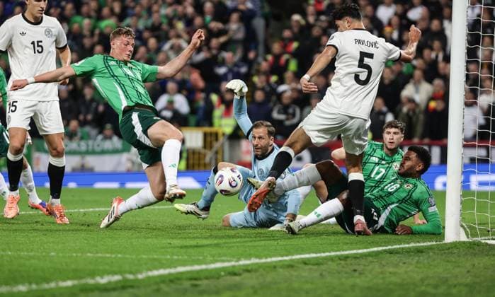 2026 FIFA World Cup, WM, Weltmeisterschaft, Fussball Qualifier Group A, Clearer Twist National Stadium, Windsor Park, Belfast 13 10 2025 Northern Ireland vs Germany Northern Ireland™s Dan Ballard puts the ball in the German net only for it to be later overturned for a foul Dan Ballard puts the ball in the German net only for it to be later overturned for a foul 13 10 2025  Copyright: x INPHO Presseye WilliamxCherryx N Ireland v Germany_062