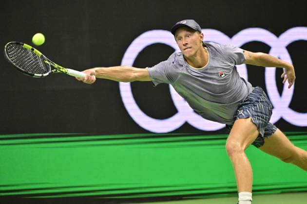 STOCKHOLM, SVERIGE 20251013 Leo Borg, Sverige, i sin match mot Sebastian Ofner, Österrike, under tennisturneringen BNP Paribas Nordic Open i Kungliga tennishallen. STOCKHOLM SVERIGE x10030x