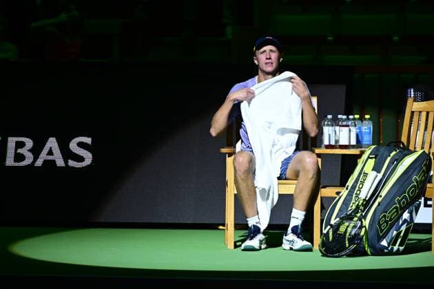 STOCKHOLM, SVERIGE 20251013 Leo Borg, Sverige, i sin match mot Sebastian Ofner, Österrike, under tennisturneringen BNP Paribas Nordic Open i Kungliga tennishallen. STOCKHOLM SVERIGE x10030x