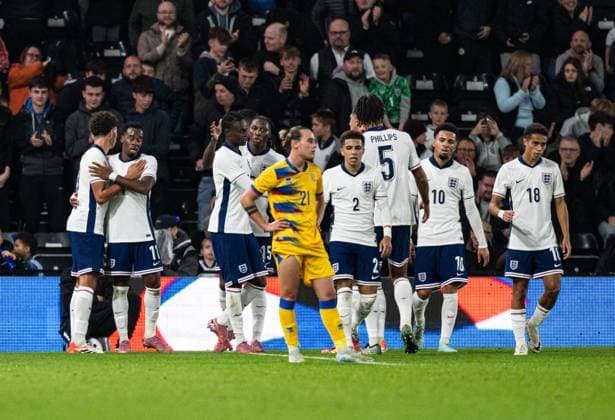 13th October 2025; Pride Park, Derby, Midlands, England; UEFA European Under 21 Championship Qualifying, England versus Andorra; Tyrique George of England U21, U 21 celebrates with his team after scoring in the 41st minute for 1-0  GodfreyxPitt