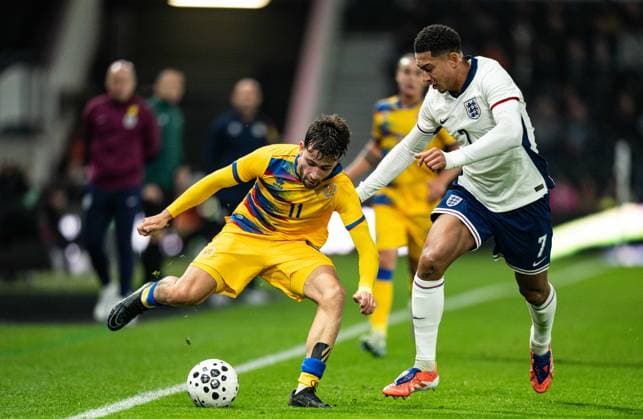 13th October 2025; Pride Park, Derby, Midlands, England; UEFA European Under 21 Championship Qualifying, England versus Andorra; Nil Boutarfas of Andorra U21, U 21 looks to beat Jobe Bellingham of England U21  GodfreyxPitt