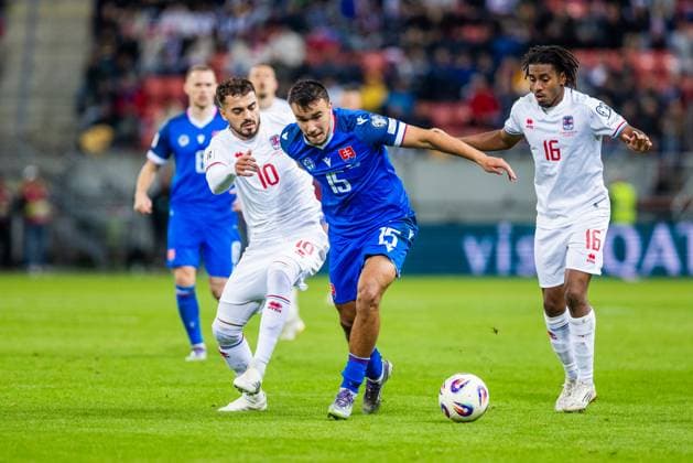 SLOVAKIA - LUXEMBOURG David Strelec of Slovakia and Danel Sinani, Leandro Barreiro of Luxembourg during European qualifier of World Cup 2026 football match between Slovakia and Luxembourg. City Arena, Trnava, Slovakia, October 13, 2025. Copyright: xx 080A1430