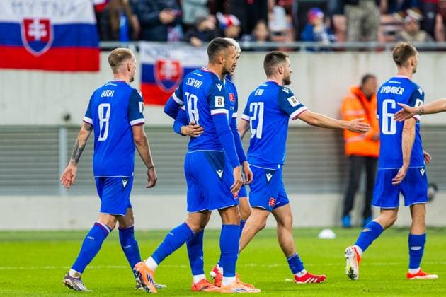 SLOVAKIA - LUXEMBOURG Ivan Schranz of Slovakia celebrates a goal with his teammates during European qualifier of World Cup 2026 football match between Slovakia and Luxembourg. City Arena, Trnava, Slovakia, October 13, 2025. Copyright: xx 080A1664