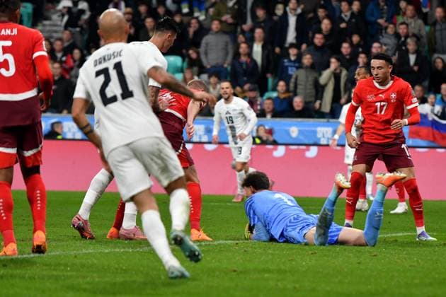 Ljubljana, Slovenia, October 13th 2025, Gregor Kobel of Switzerland (C) during the UEFA European Qualifiers for 2026 World Cup, Group B match between Slovenia and Switzerland at Stadium Stozice, Ljubljana, Slovenia. (Photo by Natasa Kupljenik Sports Press Photo) Copyright: xNatasaxKupljenikx xSPPx Sportspressphoto_SPR42238