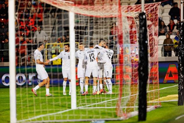 Players of Azerbaijan seen celebrating after goal during World Cup 2026 European qualification game between national teams of Ukraine and Azerbaijan (Ernest Kolodziej Ball Raw Images) Cracow Cracovia Stadium Poland Copyright: xErnestxKolodziejx ernestkolodziej_ukraine_azarbaijan_pt2_2526-116