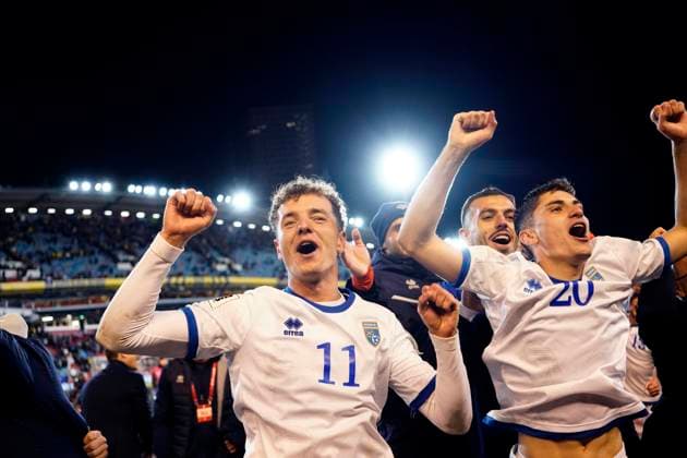 GOTHENBURG, SWEDEN 20251013 Kosovo s Fisnik Asllani and Veldin HodÅ¾a celebrate after winning the World Cup qualifying Group B match between Sweden and Kosovo at Ullevi, Gothenburg, Sweden, October 13, 2025 . GÖTEBORG SWEDEN x9200x