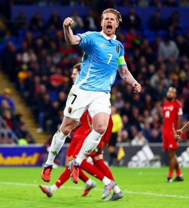 Kevin De Bruyne of Belgium celebrates scoring a goal after making the score 1-3. Wales v Belgium, FIFA 2026 World Cup Qualifying, Group J, Football, Cardiff City Stadium, Cardiff, Wales, UK - 13 Oct 2025Cardiff Cardiff City Stadium Wales United Kingdom EDITORIAL USE ONLY No use with unauthorised audio, video, data, fixture lists, club league logos or live services. Online in-match use limited to 120 images, no video emulation. No use in betting, games or single club league player publications.  Copyright: xJamesxMarsh Shutterstockx 15523219df