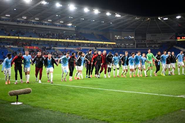 Wales v Belgium - FIFA World Cup, WM, Weltmeisterschaft, Fussball 2026 UEFA Qualifier CARDIFF, WALES - OCTOBER 13 : players of Belgium celebrate the victory after the FIFA World Cup 2026 European Qualifier match between Wales and Belgium at the Cardiff City stadium on October 13, 2025 in Cardiff, Wales, 13 10 2025 Cardiff Wales  Copyright: xNicoxVereeckenx