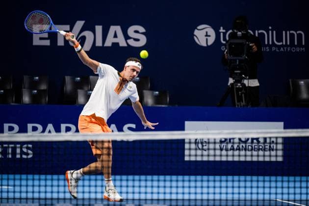 German Daniel Altmaier pictured in action during the European Open ATP, Tennis Herren tennis tournament in Brussels, on Tuesday 14 October 2025. This year s edition of the tournament is taking place from 12 to 19 October 2025. JASPERxJACOBS  x136777090x