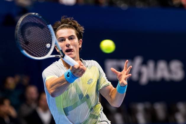 Belgian Gilles-Arnaud Bailly pictured in action during the European Open ATP, Tennis Herren tennis tournament in Brussels, on Tuesday 14 October 2025. This year s edition of the tournament is taking place from 12 to 19 October 2025. JASPERxJACOBS  x136783570x