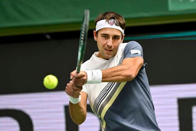 STOCKHOLM, SVERIGE 20251014 Tomas Martin Etcheverry, Argentina, i sin match mot Mark Lajal, Estland under tennisturneringen BNP Paribas Nordic Open i Kungliga tennishallen. STOCKHOLM SVERIGE x10080x