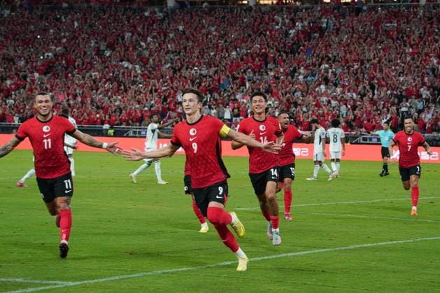 AFC Asian Cup Qualifiers: Hong Kong vs Bangladesh (center) Matthew Elliot Wing Kai Chin Orr (Matt Or) celebrating after scoring a goal during the AFC Asian Cup Qualifiers between Hong Kong and Bangladesh at Kai Tak Stadium on October 14, 2025 in Hong Kong. (Photo by Ellan Mad Nexpher Images)