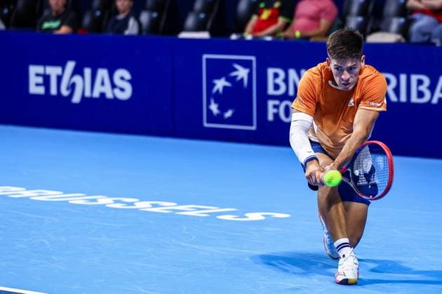 Argentine Sebastian Baez pictured in action during the European Open ATP, Tennis Herren tennis tournament in Brussels, on Tuesday 14 October 2025. This year s edition of the tournament is taking place from 12 to 19 October 2025. JASPERxJACOBS  x136790710x