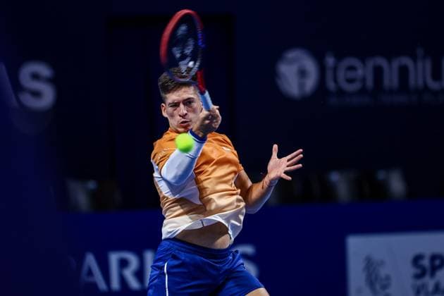 Argentine Sebastian Baez pictured in action during the European Open ATP, Tennis Herren tennis tournament in Brussels, on Tuesday 14 October 2025. This year s edition of the tournament is taking place from 12 to 19 October 2025. JASPERxJACOBS  x136790744x