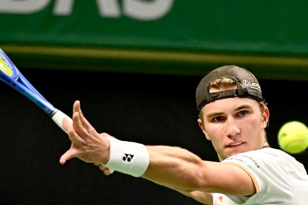 STOCKHOLM, SWEDEN 20251014 Nicolai Budkov Kjaer, Norway, in his match against Marin Cilic, Croatia, during the BNP Paribas Nordic Open tennis tournament at the Royal Swedish Tennis Hall. STOCKHOLM SWEDEN x10080x