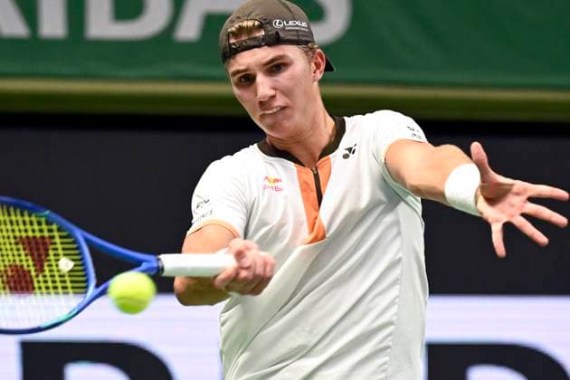 STOCKHOLM, SWEDEN 20251014 Nicolai Budkov Kjaer, Norway, in his match against Marin Cilic, Croatia, during the BNP Paribas Nordic Open tennis tournament at the Royal Swedish Tennis Hall. STOCKHOLM SWEDEN x10080x