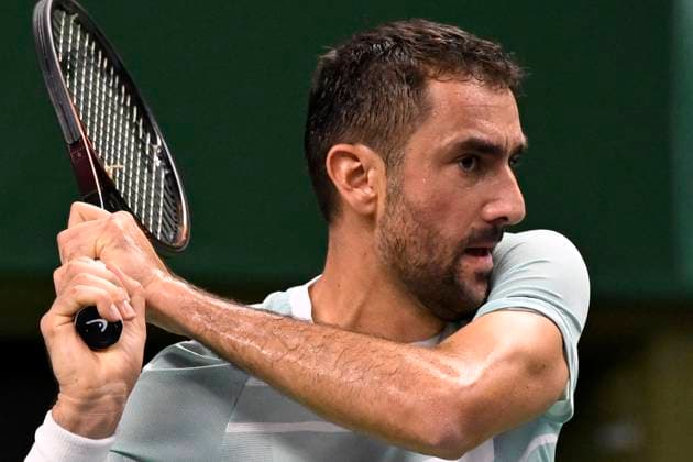 STOCKHOLM, SWEDEN 20251014 Marin Cilic, Croatia, in his match against Nicolai Budkov Kjaer, Norway, during the BNP Paribas Nordic Open tennis tournament at the Royal Swedish Tennis Hall. STOCKHOLM SWEDEN x10080x