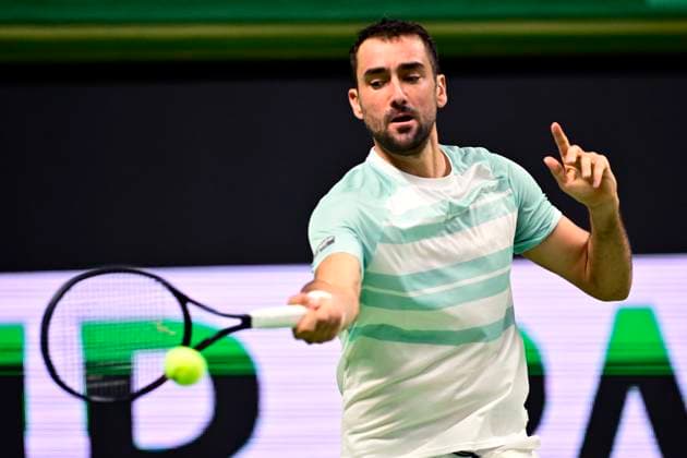 STOCKHOLM, SWEDEN 20251014 Marin Cilic, Croatia, in his match against Nicolai Budkov Kjaer, Norway, during the BNP Paribas Nordic Open tennis tournament at the Royal Tennis Hall. STOCKHOLM SWEDEN x10030x