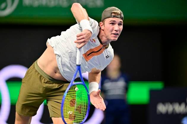 STOCKHOLM, SWEDEN 20251014 Nicolai Budkov Kjaer, Norway, in his match against Marin Cilic, Croatia, during the BNP Paribas Nordic Open tennis tournament at the Royal Swedish Tennis Hall. STOCKHOLM SWEDEN x10030x