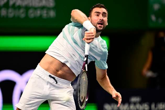 STOCKHOLM, SWEDEN 20251014 Marin Cilic, Croatia, in his match against Nicolai Budkov Kjaer, Norway, during the BNP Paribas Nordic Open tennis tournament at the Royal Tennis Hall. STOCKHOLM SWEDEN x10030x