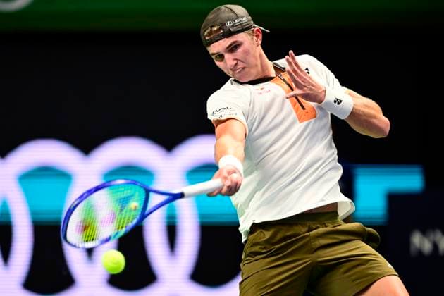 STOCKHOLM, SWEDEN 20251014 Nicolai Budkov Kjaer, Norway, in his match against Marin Cilic, Croatia, during the BNP Paribas Nordic Open tennis tournament at the Royal Swedish Tennis Hall. STOCKHOLM SWEDEN x10030x
