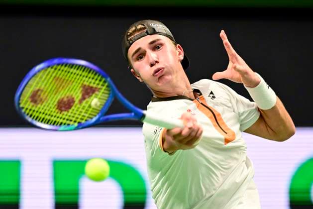 STOCKHOLM, SWEDEN 20251014 Nicolai Budkov Kjaer, Norway, in his match against Marin Cilic, Croatia, during the BNP Paribas Nordic Open tennis tournament at the Royal Swedish Tennis Hall. STOCKHOLM SWEDEN x10030x