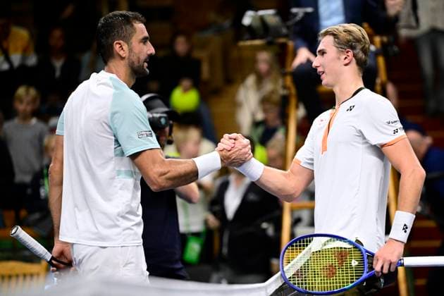 STOCKHOLM, SWEDEN 20251014 Marin Cilic, Croatia, in his match against Nicolai Budkov Kjaer, Norway, during the BNP Paribas Nordic Open tennis tournament at the Royal Tennis Hall. STOCKHOLM SWEDEN x10030x