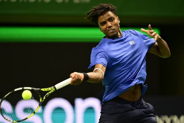 STOCKHOLM, SVERIGE 20251014 Elias Ymer i sin match mot Mikael Ymer under tennisturneringen BNP Paribas Nordic Open i Kungliga tennishallen. STOCKHOLM SVERIGE x10030x