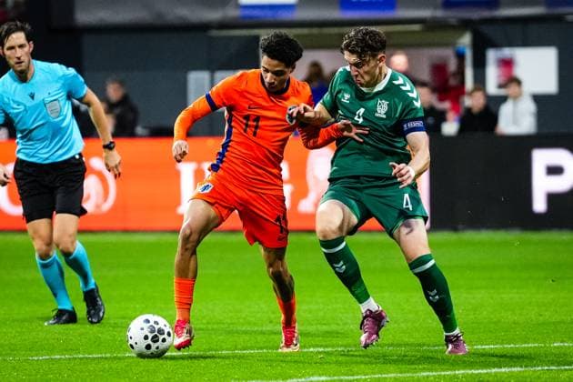 International friendlies: The Netherlands U21, U 21 v Lithuania U21 Emmen - Ro-Angelo Daal of The Netherlands U21, Domas Slendzoka of Lithuania U21 during the a friendly match. The match is set between The Netherlands U21 and Lithuania U21 at De Oude Meerdijk on 14 October 2025 in Emmen, The Netherlands. (VK Sportphoto Yannick Verhoeven) Copyright: xYannickxVerhoevenx