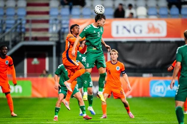 International friendlies: The Netherlands U21, U 21 v Lithuania U21 Emmen - Jaden Slory of The Netherlands U21, Eduardas Jurjonas of Lithuania U21 during the a friendly match. The match is set between The Netherlands U21 and Lithuania U21 at De Oude Meerdijk on 14 October 2025 in Emmen, The Netherlands. (VK Sportphoto Yannick Verhoeven) Copyright: xYannickxVerhoevenx