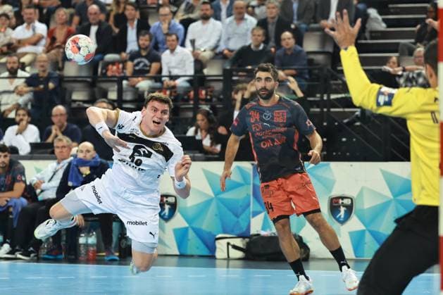HANDBALL : Montpellier HB vs. THW Kiel - EHF - 14 10 2025 Lukas LAUBE (THW K) lors du match Montpellier HB vs. THW Kiel de la compÃ tition EHF a l™Arena Sud de France, le 14 octobre 2025. MontpellierFrance  Copyright: xValentinaxClaretx