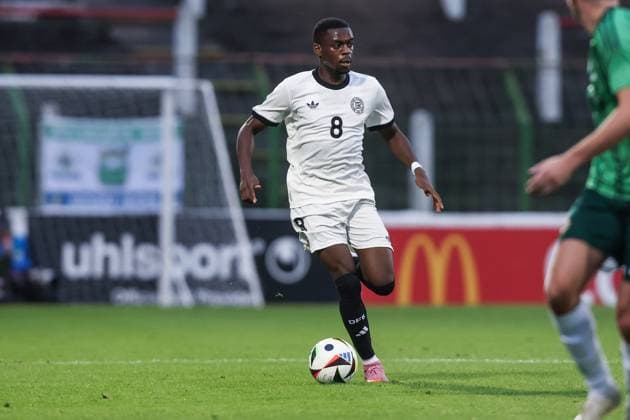 Fussball, U21, U 21 EM Qualifikation Gruppe F - 5.Spieltag Nordirland U21 - Deutschland U21 14.10.2025, The Oval Noel Aseko (Deutschland, 8) Belfast The Oval Nordirland