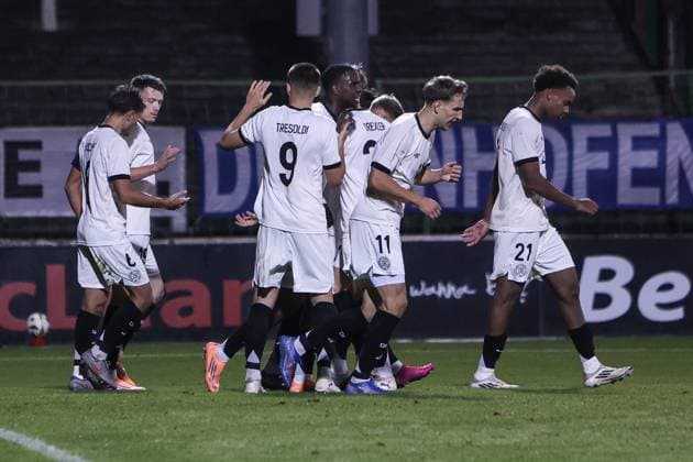 Fussball, U21, U 21 EM Qualifikation Gruppe F - 5.Spieltag Nordirland U21 - Deutschland U21 14.10.2025, The Oval Torjubel Deutschland nach dem Tor zum 2-1 durch Dzenan Pejcinovic (Deutschland, 19) durch einen Elfmeter Belfast The Oval Nordirland