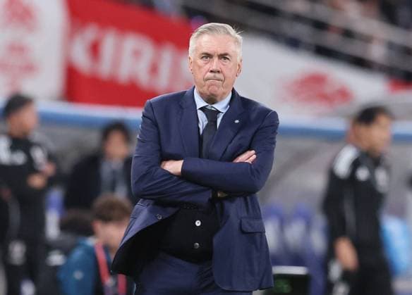 October 14, 2025, Tokyo, Japan - Brazil s manager Carlo Anchelotti bites his lips as Japan scored a goal against Brazil at the Kirin Challenge Cup football match at the Ajinomoto stadium in Tokyo on Tuesday, October 14, 2025. Brazil was defeated by Japan 2-3. (photo by Yoshio Tsunoda AFLO) Noxthirdxpartyxsales  aflo_306960889