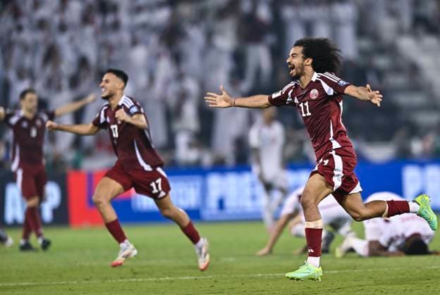 UQATAR v NITED ARAB EMIRATES-2026 FIFA World Cup, WM, Weltmeisterschaft, Fussball ASIAN QUALIFIER PLAYOFFS Akram Afif of Qatar celebrate after the team s victory in the FIFA World Cup 2026 AFC Asian qualifiers playoffs group A match between Qatar and United Arab Emirates at Jassim Bin Hamad Stadium in Doha, Qatar, on October 14, 2025. DOHA Qatar Copyright: xNOUSHADx