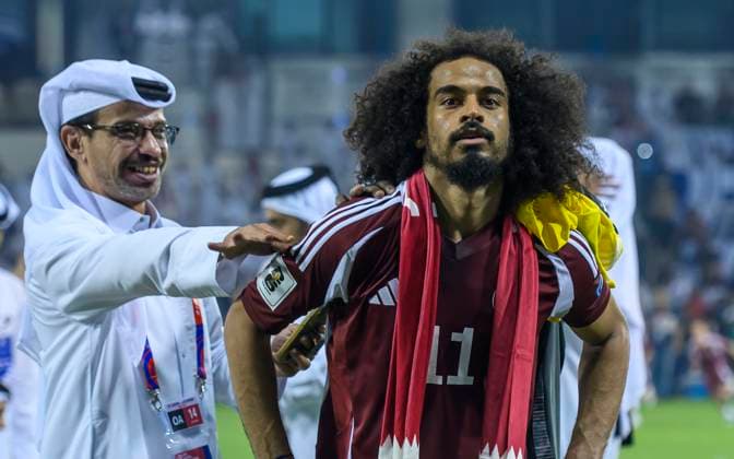UQATAR v NITED ARAB EMIRATES-2026 FIFA World Cup, WM, Weltmeisterschaft, Fussball ASIAN QUALIFIER PLAYOFFS Akram Afif of Qatar celebrate after the team s victory in the FIFA World Cup 2026 AFC Asian qualifiers playoffs group A match between Qatar and United Arab Emirates at Jassim Bin Hamad Stadium in Doha, Qatar, on October 14, 2025. DOHA Qatar Copyright: xNOUSHADx